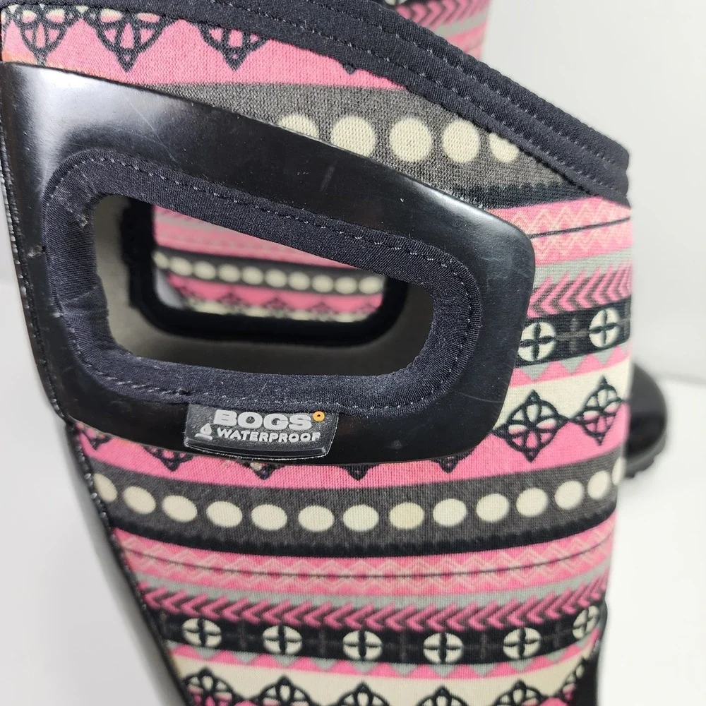 BOGS Classic Boots Pink Patternstripe Youth 5 Snow Rain Insulated Waterproof EUC